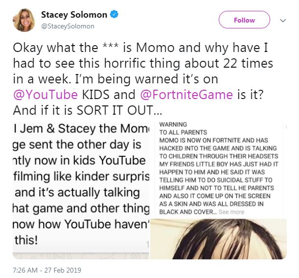  Stacey took to Twitter to share warnings she had received about Momo from other parents