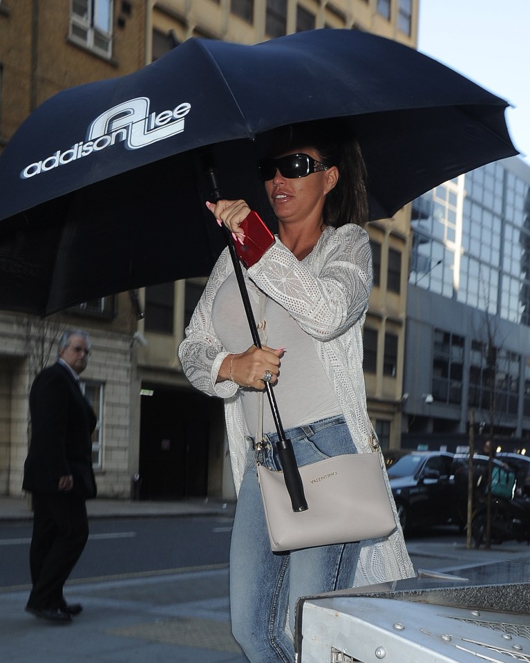  The reality star was seen in London brandishing a huge umbrella today