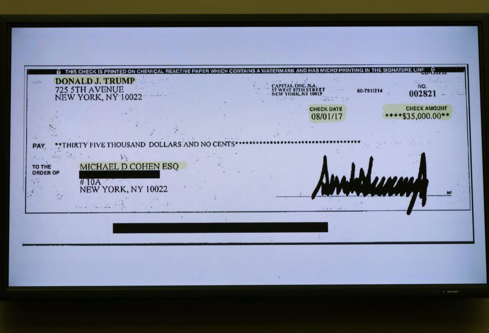  A cheque Donald Trump is said to have given to Michael Cohen to reimburse him for hush money to Stormy Daniels