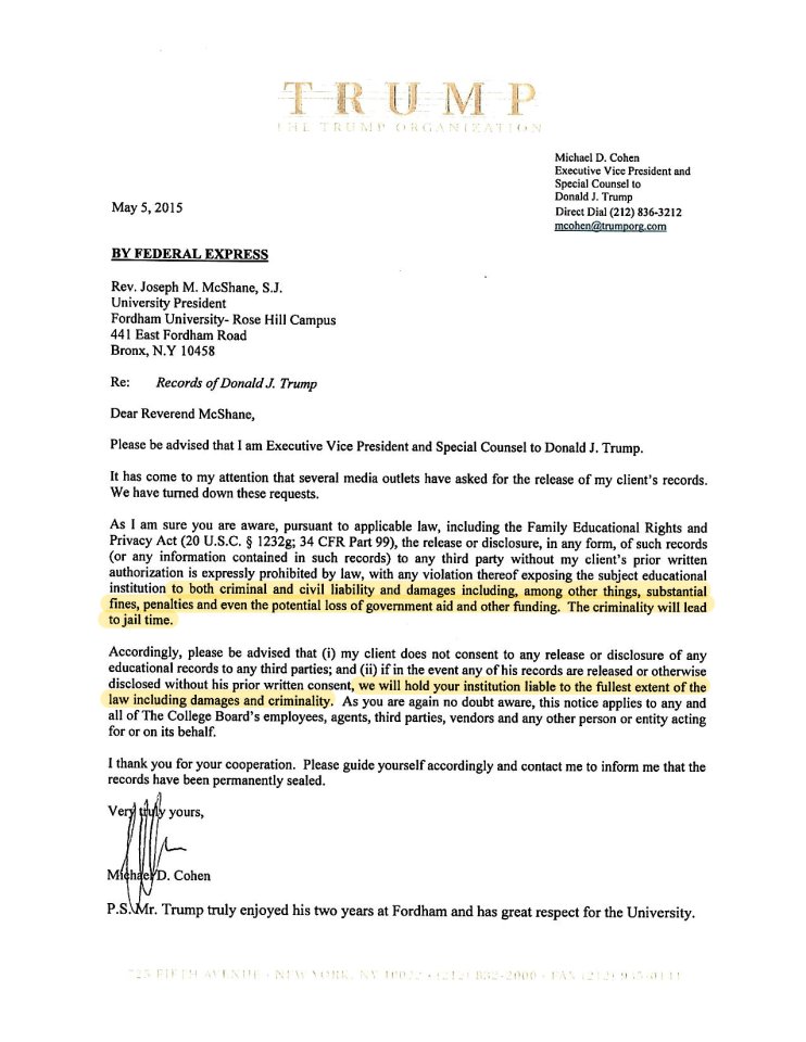  Cohen also revealed a threatening letter he sent to Trump's old university warning against revealing his boss's grades