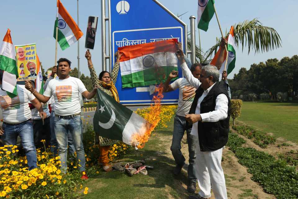  Pakistan's national flag was burned by furious Indian protesters outside the embassy in New Delhi