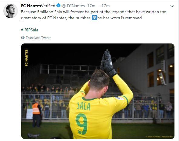 Nantes have retired the No9 jersey in honour of Emiliano Sala