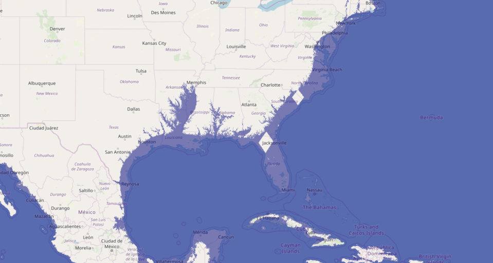 At a 60-metre rise, most of the USA’s east coast appears to disappear underwater