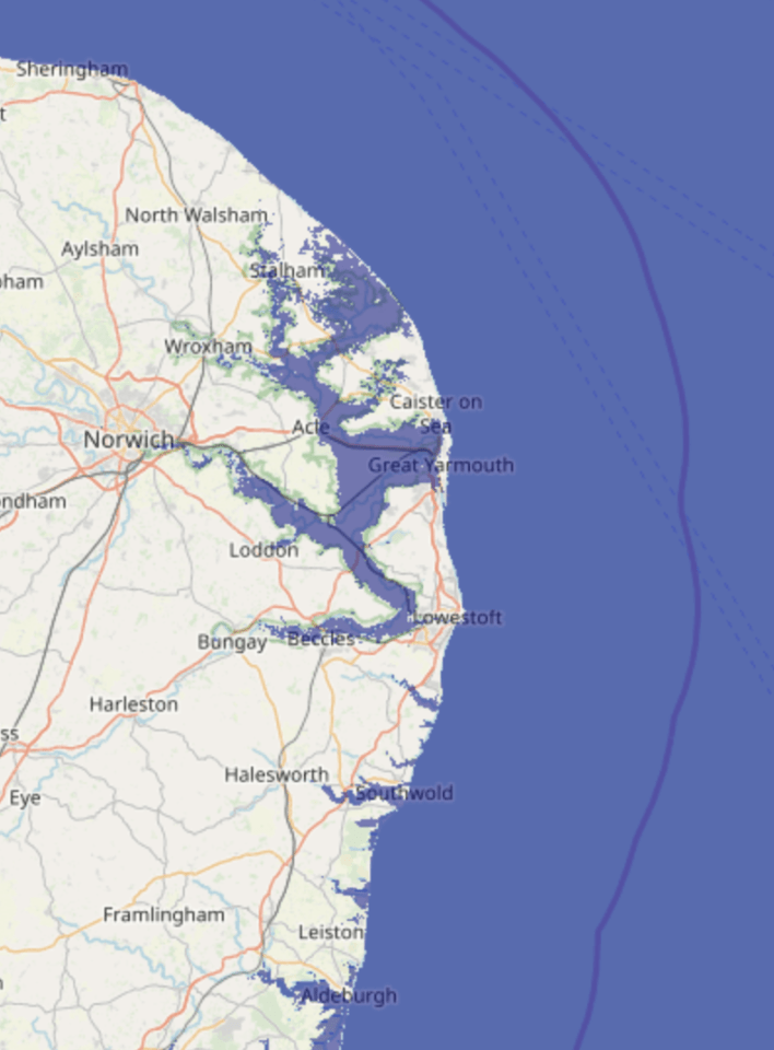 Even with a one-metre rise, some areas of Norfolk appear to be at risk of drowning completely