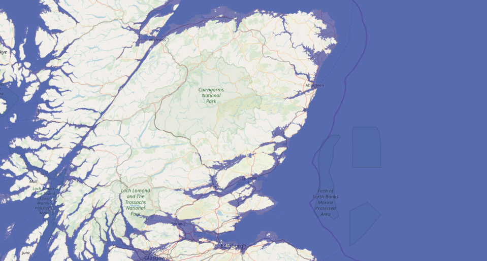 Most Scots can rest easy, as even a 60-metre rise fails to penetrate the lofty Highland regions