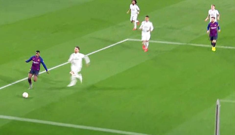  Sergio Ramos chased the Barcelona star towards the byline