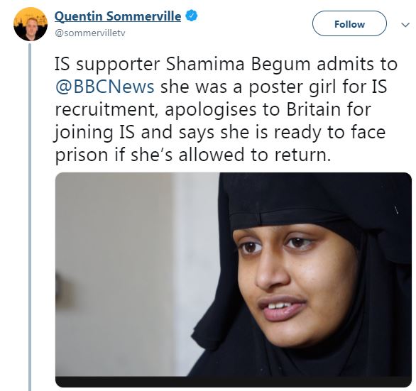 The BBC’s Quentin Sommerville spoke with Shamima Begum