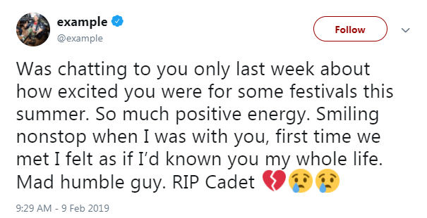  Rapper Example paid tribute on Twitter