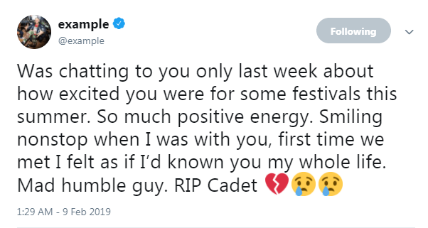 Example revealed he had been making plans with Cadet