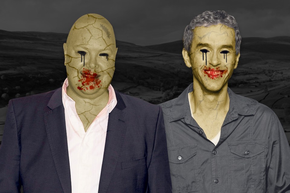 Actors Dominic Brunt, left, and Mark Charnock — vet Paddy and chef Marlon in the ITV series — want to turn their love of zombies into a special Halloween episode