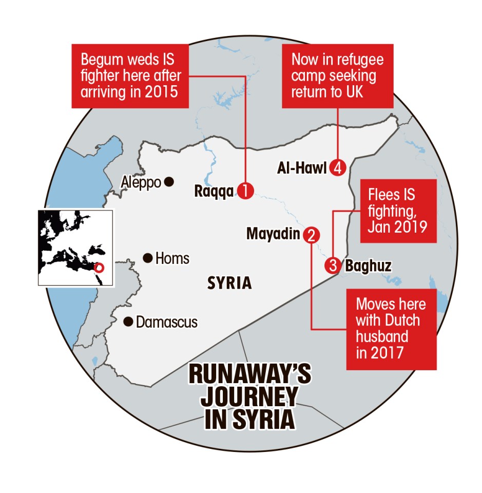  Map showing the runaway Jihadi bride's journey in Syria