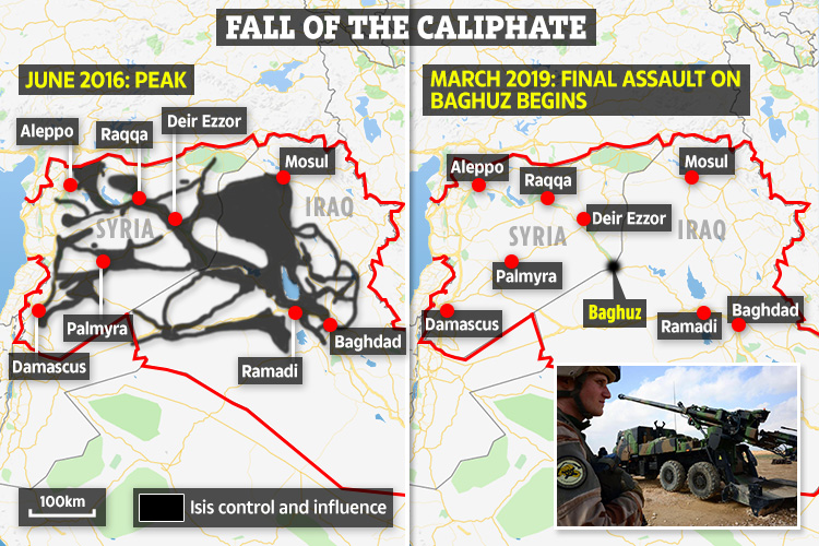  This map shows how the caliphate dominated huge areas of Syria and Iraq before vanishing completely in the March 2019 battle of Baghuz