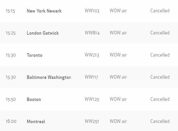  Departures from Reykjavik Airport show London Gatwick among the cancelled destinations