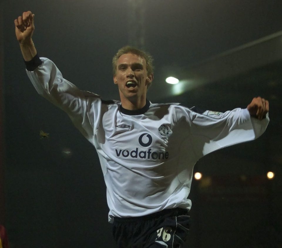  The midfielder celebrates his first Red Devils goal in a 3-0 win at Bradford in January 2001