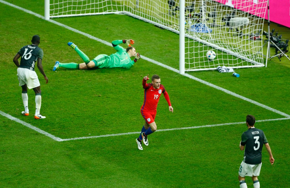  Vardy famously netted with a back-heel against Germany for his first England goal