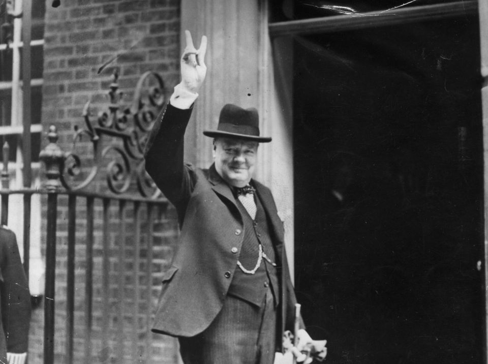  Prime Minister Winston Churchill outside 10 Downing Street, gesturing his famous 'V for Victory' hand signal, June 1943