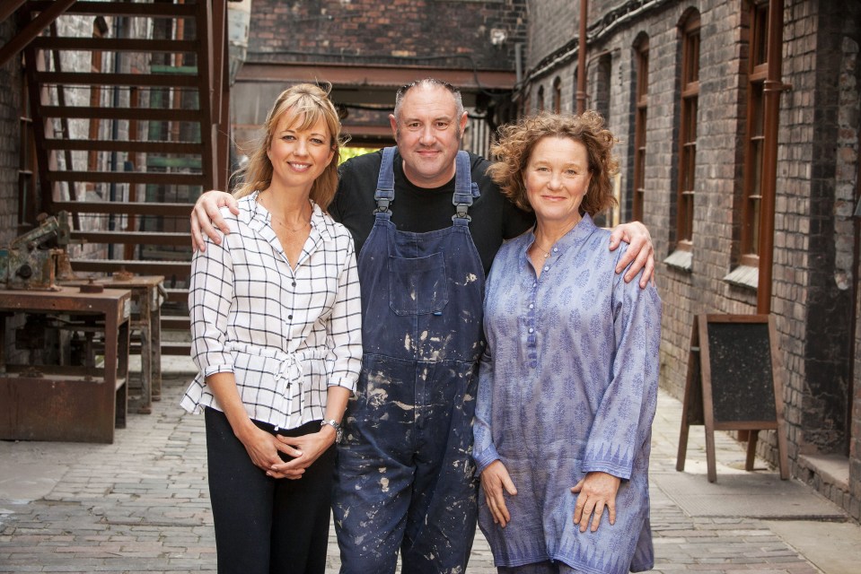 Sara Cox, host, and judges Keith Brymer Jones and Kate Malone on The Great Pottery Throw Down