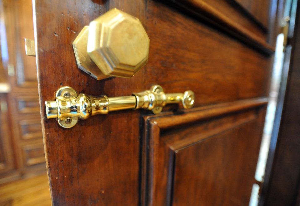  One of three slider bolts on a chamber door that leads to the upstairs area of Michael Jackson's bedroom