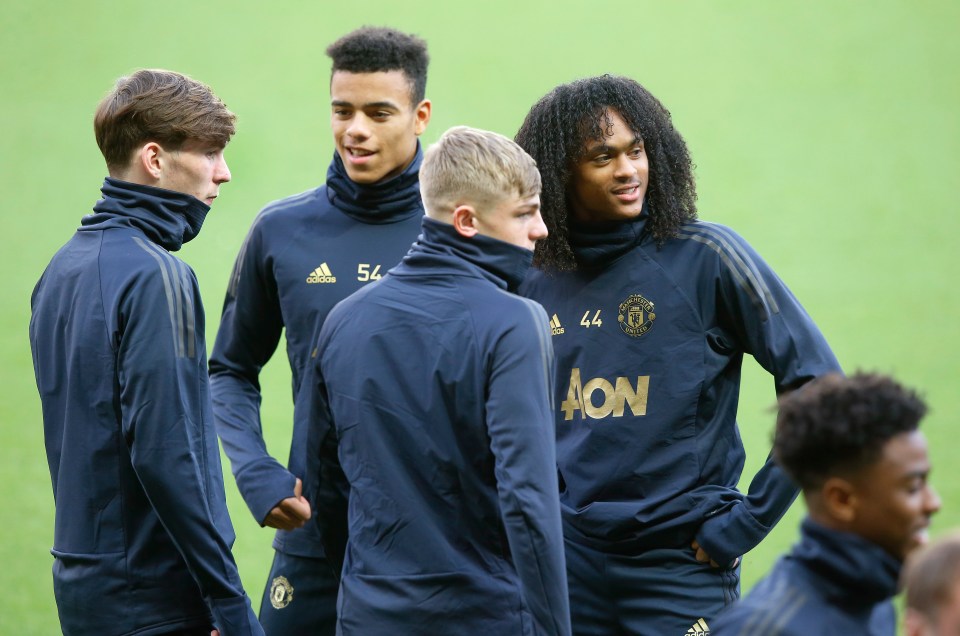  James Garner, Mason Greenwood, Brandon Williams and Tahith Chong training at Parc des Princes