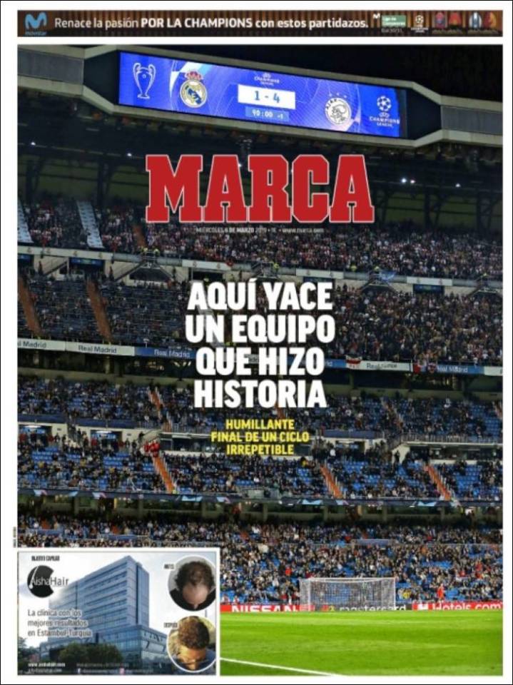  Marca's mournful front page read: 'Here lies a team that made history."