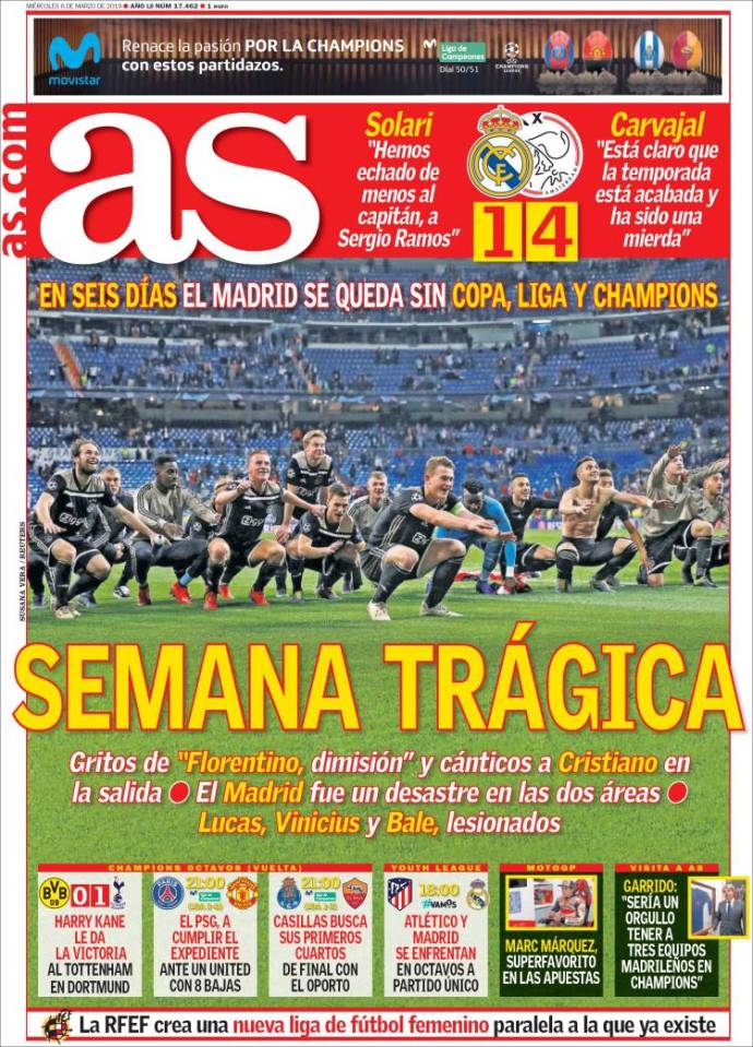  Spanish newspaper AS described it as a 'Tragic Week' for the European giants