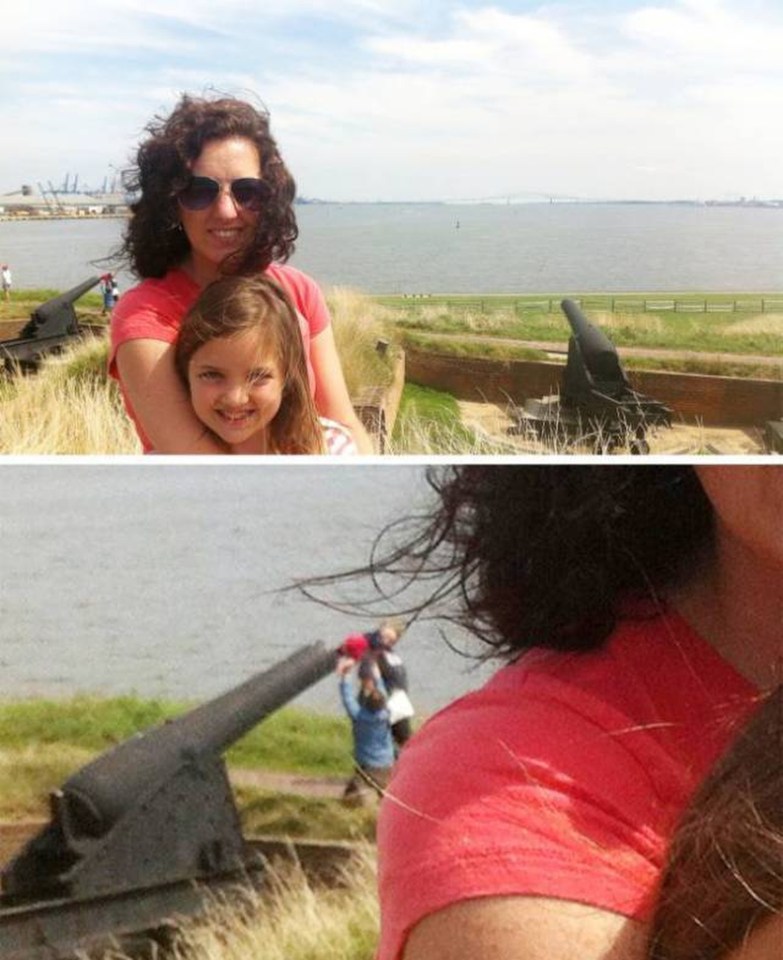 Mum posing with her daughter has no idea another child is being stuffed into a cannon