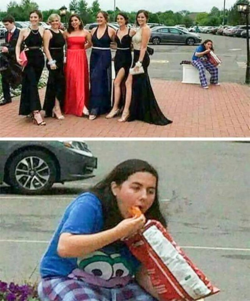 These posers in their posh frocks weren’t expecting to be upstaged by a lad scoffing a giant bag of snacks