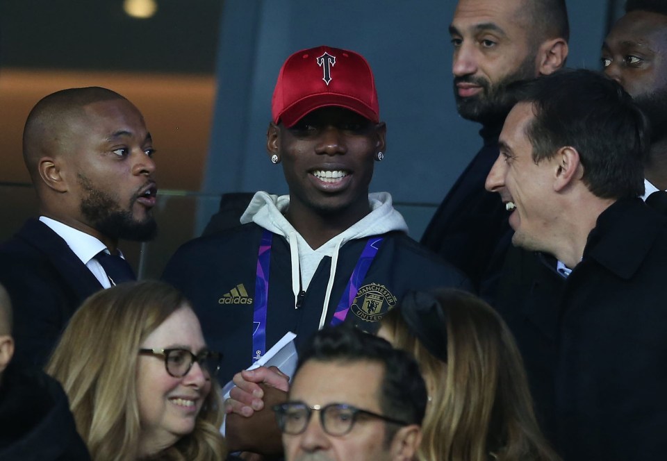 Paul Pogba watched the game in the stands with ex-United stars Patrice Evra and Gary Neville