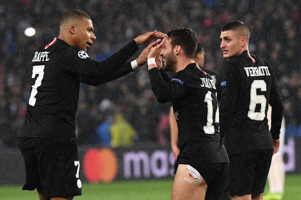 Velasco celebrates with Kylian Mbappe who set him up to make the score 1-1