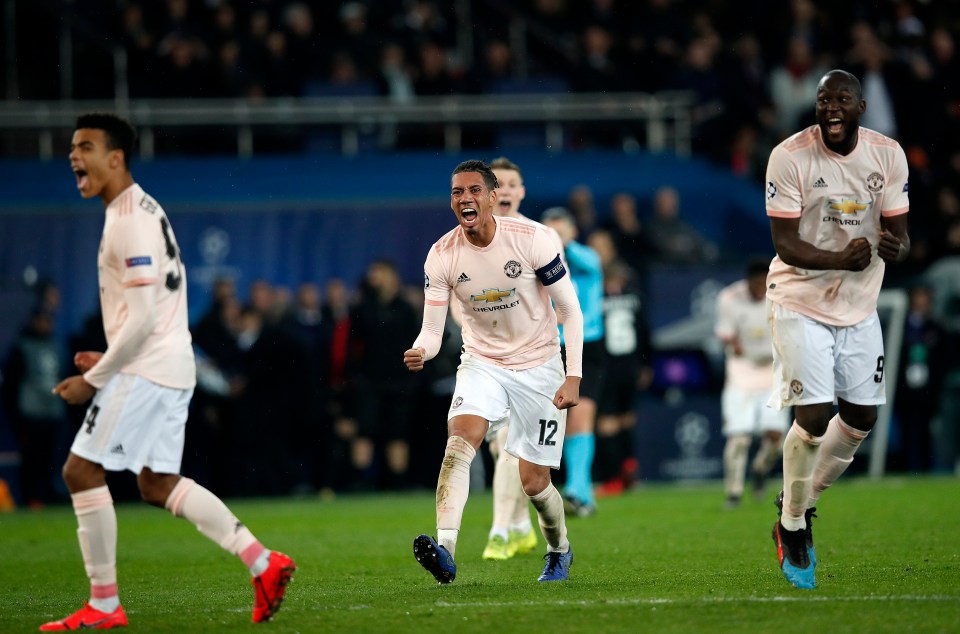 The United players scream their delight at the full-time whistle after pulling off one of the greatest results in the club's history