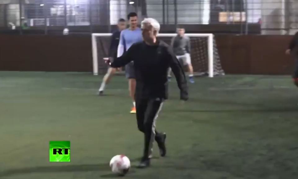  Jose still appears to be giving orders while running with the ball during 5-a-side game with son