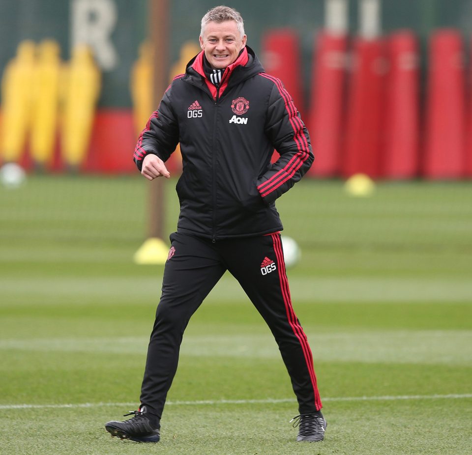  Ole Gunnar Solskjaer grins in training after historic win over PSG