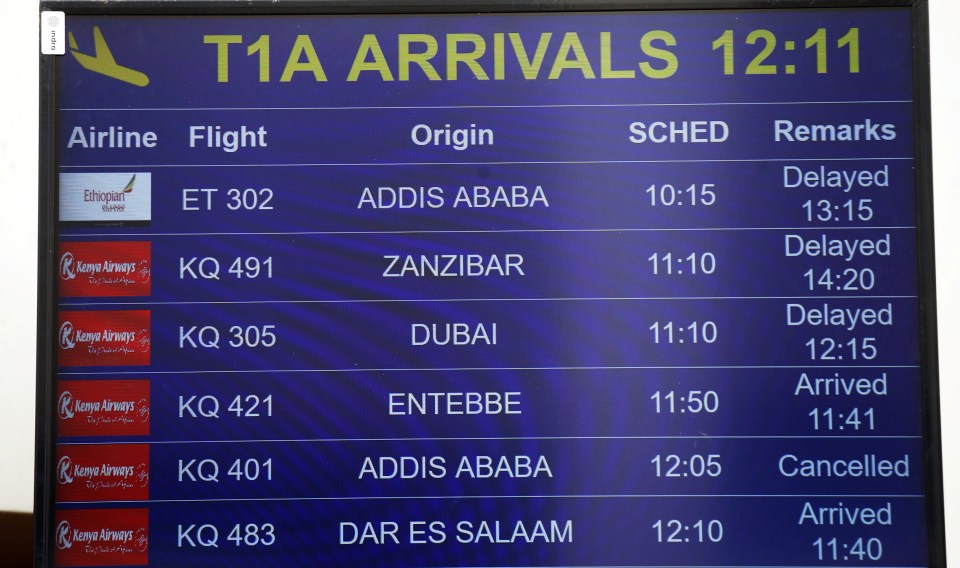 A flight information board showing the details of Ethiopian Airlines Flight ET 302 at the Jomo Kenyatta International Airport (JKIA) in Nairobi – where it was due to land