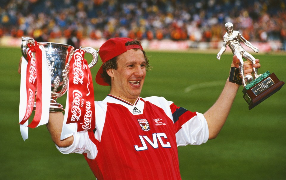  Merson with the League Cup and man of the match trophy after the 1993 Coca-Cola Cup Final between Arsenal and Sheffield Wednesday at Wembley on April 18, 1993