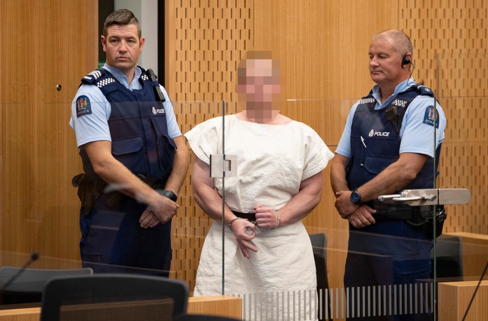  Brenton Tarrant (Pixelated) makes a sign to the camera during his appearance in court