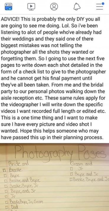  The woman explained she wouldn't pay her photographer until all the shots had been taken