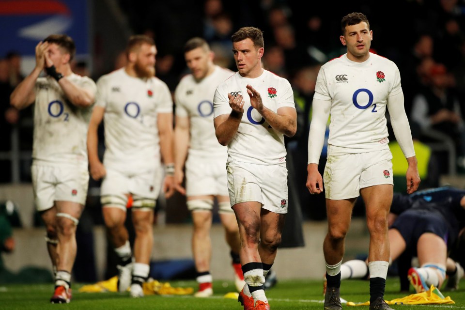  England look disappointed after blowing a convincing lead in their Six Nations showdown with Scotland