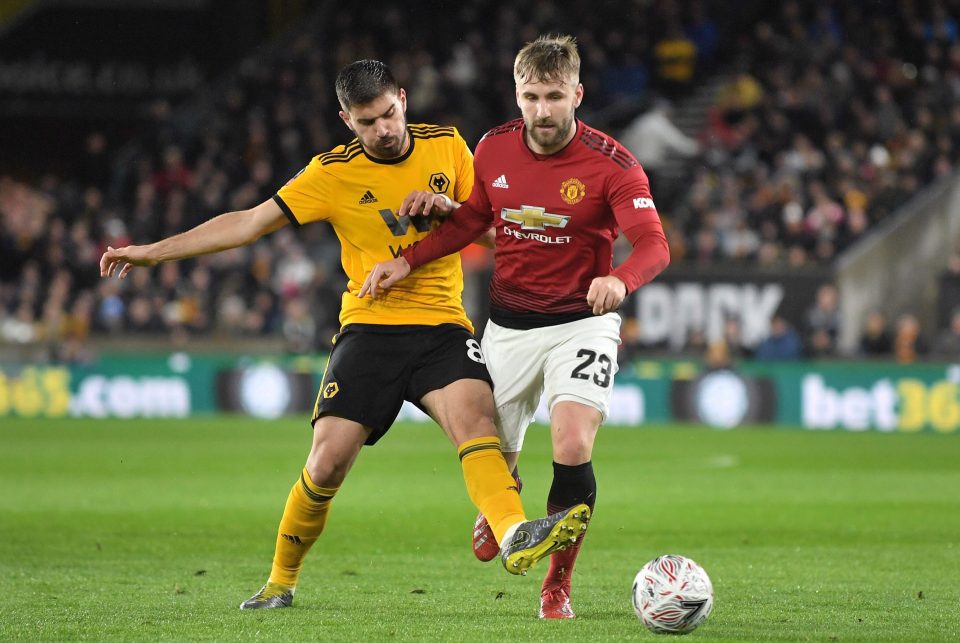  Luke Shaw in action against Wolves ace Ruben Neves