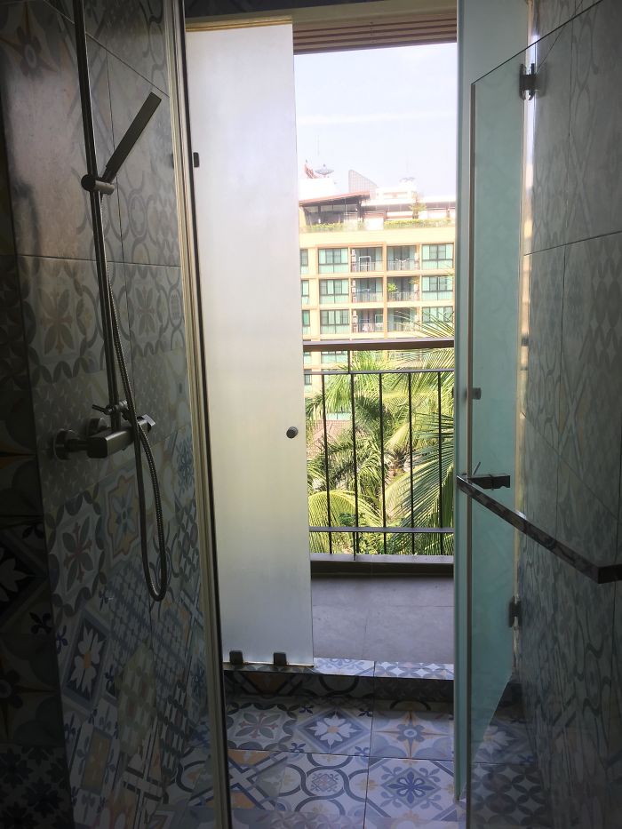  The balcony becomes off-limits in this hotel is a guest is using the shower