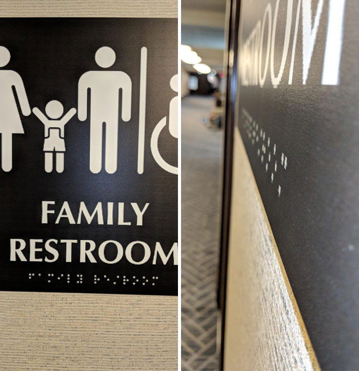  The braille used for a bathroom sign jere was flat against the wall, making it redundant without the raised detail