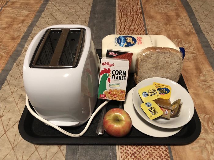  The breakfast option for one hotel included the toaster and two litres of milk, alongside cereal and bread