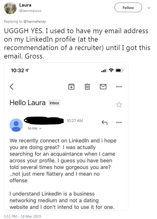  Laura shared the downfalls of having her email address on her profile page