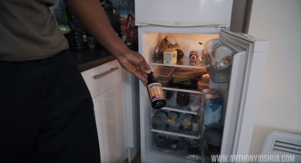  Anthony Joshua shows the limited contents of his fridge to the camera