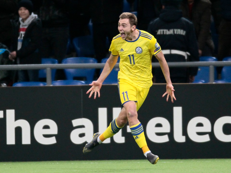  Kazakhstan's Yan Vorogovskiy celebrates after scoring his side's second goal