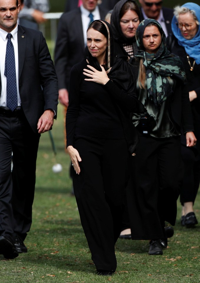 New Zealand’s Prime Minister Jacinda Ardern leaves after the Friday prayers at Hagley Park outside Al-Noor mosque