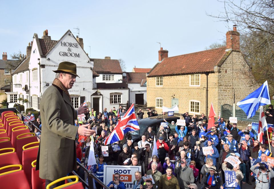  Nigel Farage addresses the March to Leave protest before they set off from Linby