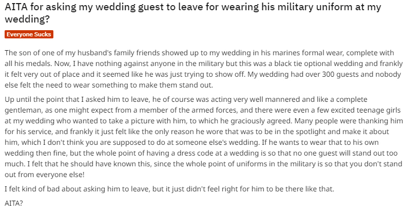  The bride admitted that he was 'well mannered' before she asked him to leave