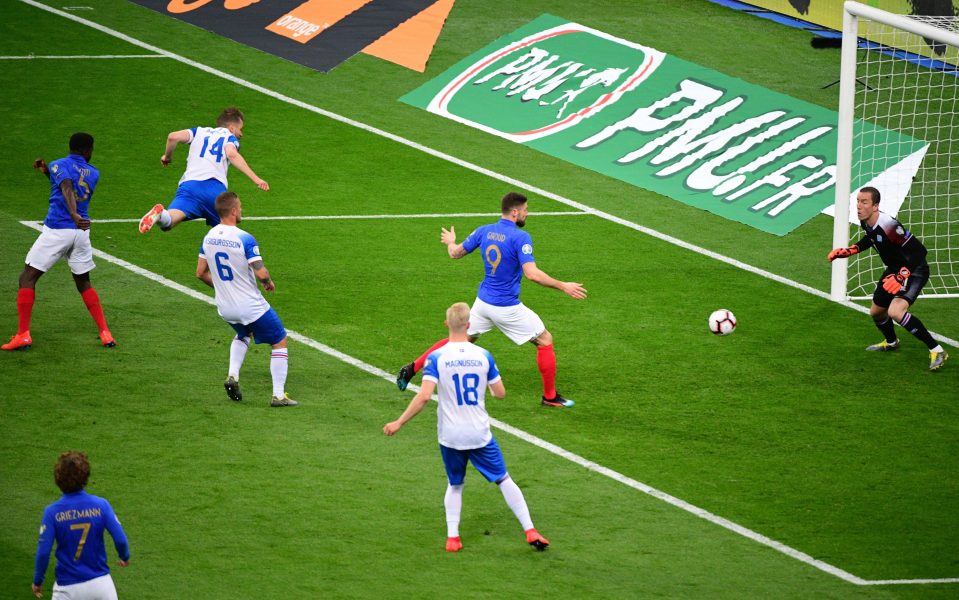  Samuel Umtiti finishes off a fantastic cross from Kylian Mbappe with an equally-adept header