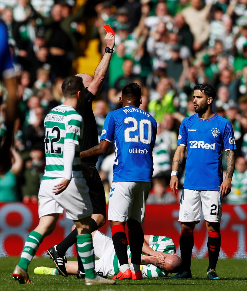  Rangers hot-head Alfredo Morelos was given his marching orders before half time for an elbow on Scott Brown