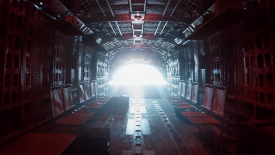  The shot of the Hercules C130 interior is accompanied by a voice-over saying 'drop zone approaching'